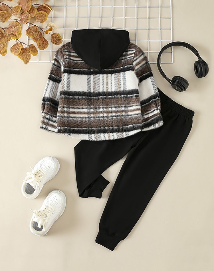 Abito autunnale da ragazzo Camicia a quadri per bambini Cappotto a maniche lunghe Felpa con cappuccio casual da ragazzo Set da due pezzi_voghion.com
