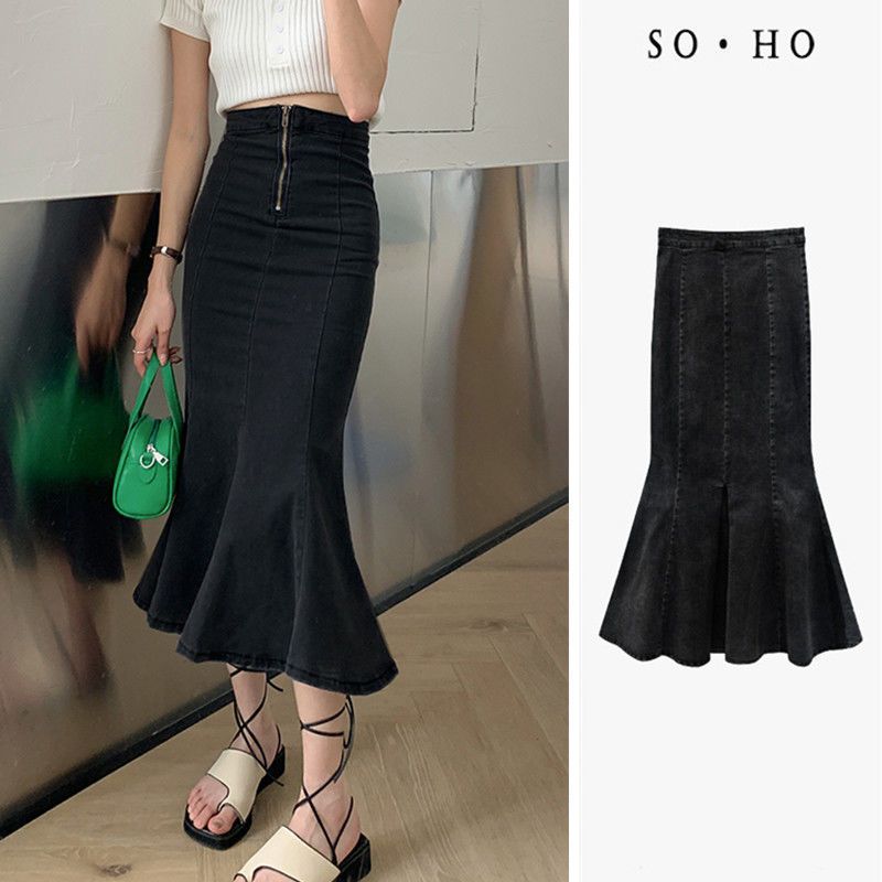 Jeans elástico pequeno com babados para o verão feminino, novo, cintura alta, nádegas envolvidas, esqui rabo de peixe, fenda comprimento médio_voghion.com