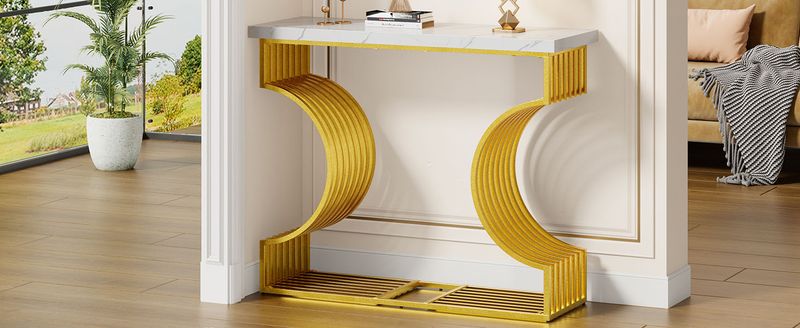Table basse moderne minimaliste blanche brillante 100 x 35 x 80 cm, table d'appoint de salon avec pieds dorés, console, configuration double._voghion.com