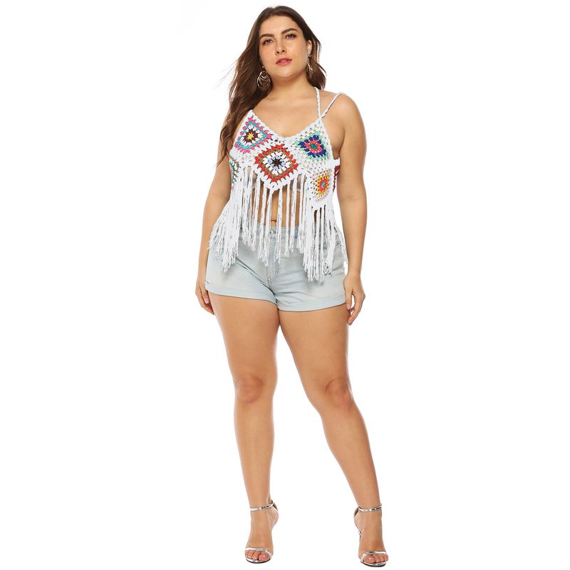 Plus size women's ethnic style random color contrast color long fringed patchwork camisole shirt strappy bikini top_voghion.com