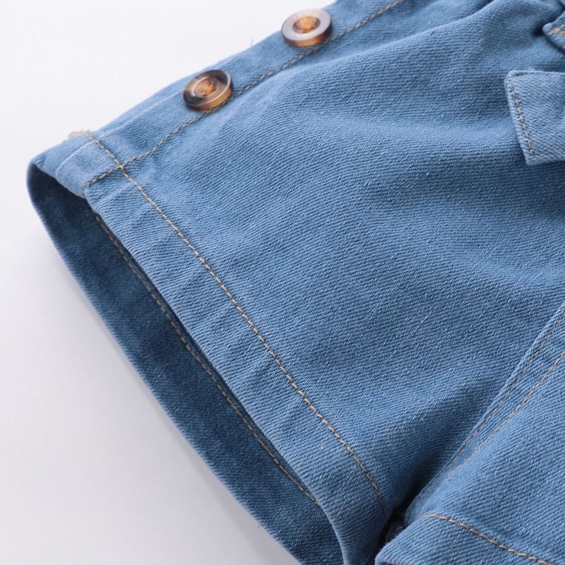 Mother&Kids Children's summer set solid color single strap sleeveless lace top denim shorts two pieces_voghion.com