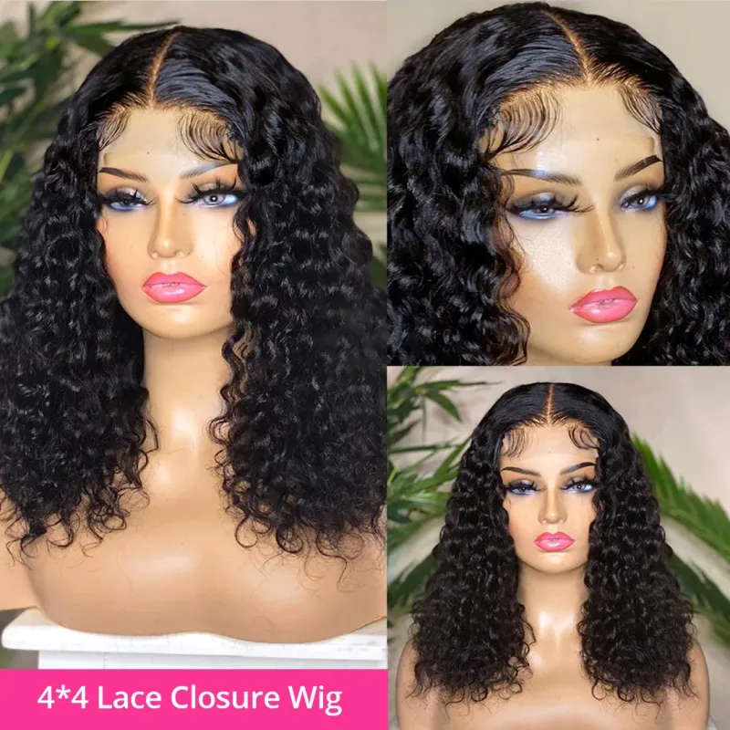 Kort Bob Krøllet Lace Front Parykker Ægte Hår Dyb Bølge Lukning Limfri Vandfri Parykker_voghion.com