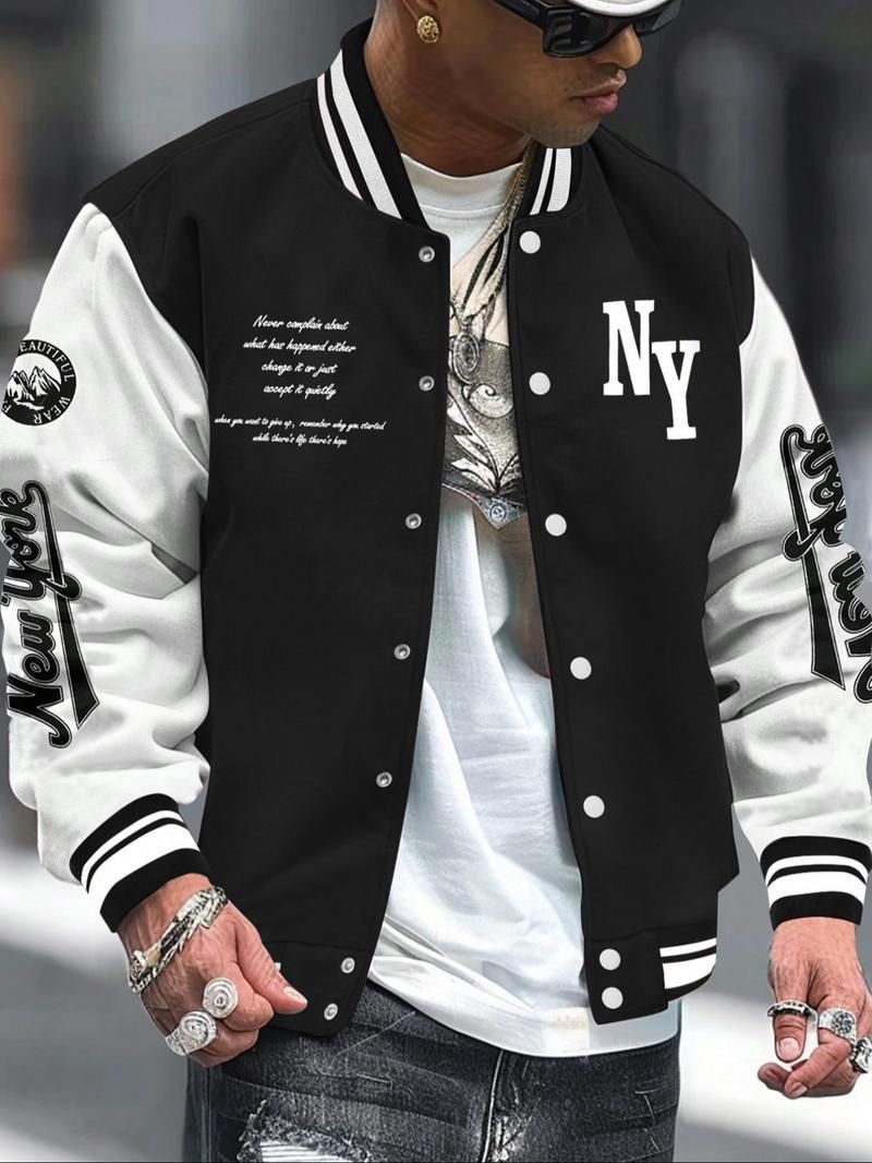 Men's Letter Print Baseball Jacket – Oversized Varsity Bomber With Stand Collar (XS-3XL, 8 Colors, 100% Polyester, Punk Streetwear)_voghion.com