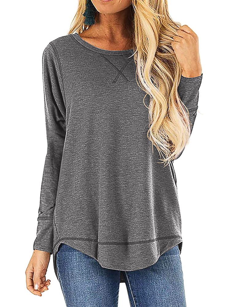 Maglietta casual da donna a tinta unita, nera, a maniche lunghe, con scollo tondo autunnale_voghion.com