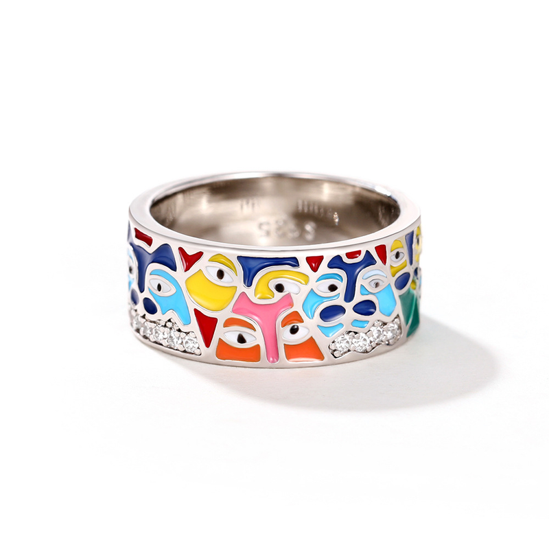 Cao Shi Colorful Oil Dropping Enamel Color Family Women's Eye Art Ring_voghion.com