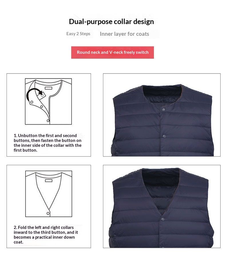 Gilet sans manches léger en duvet pour homme Cove Wholesale, gilet d'extérieur, grandes tailles, sans col, col rond, court, ultra-fin_voghion.com