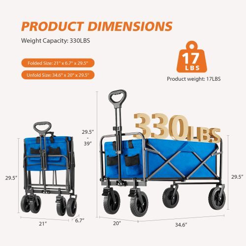 1pc Collapsible Foldable Wagon Cart, 330LBS Heavy Duty Utility Garden Cart With All-Terrain Wheels For Beach, Lawn, Sports, Camping, Black, 30"_voghion.com