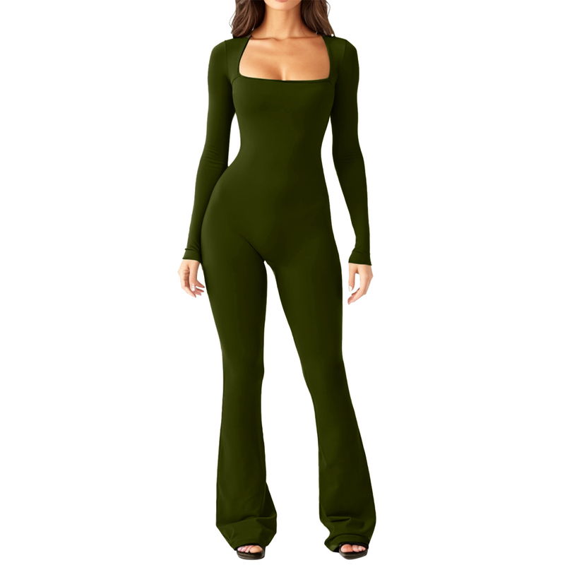 Women's long-sleeved tummy-controlling waist-raising hip-raising square-neck wide-leg high-elastic jumpsuit_voghion.com