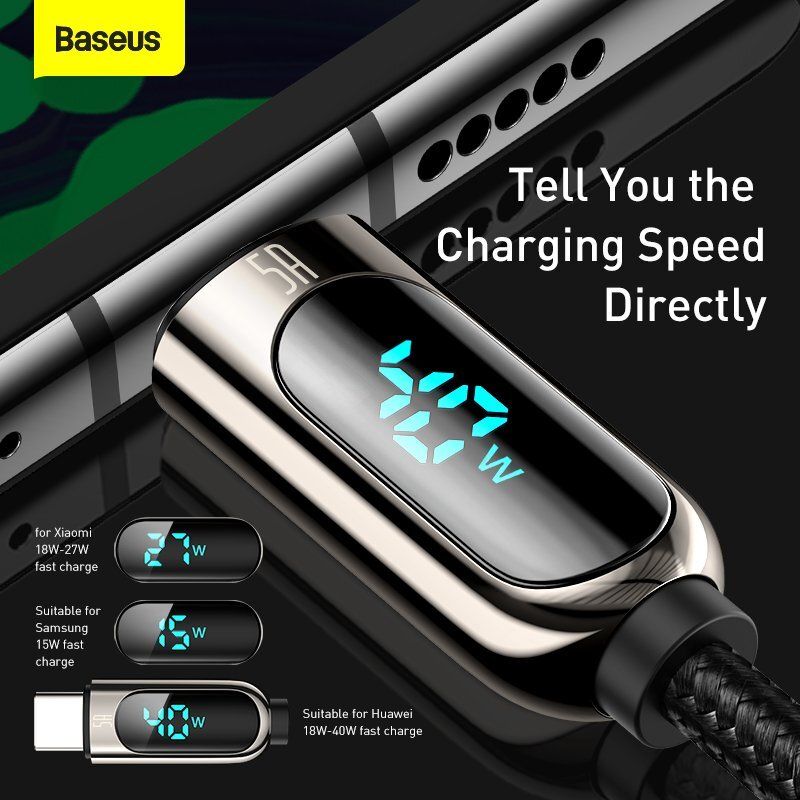 Câble de charge rapide Baseus USB vers Type-C 5A, câble de données LED pour Huawei et LG_voghion.com