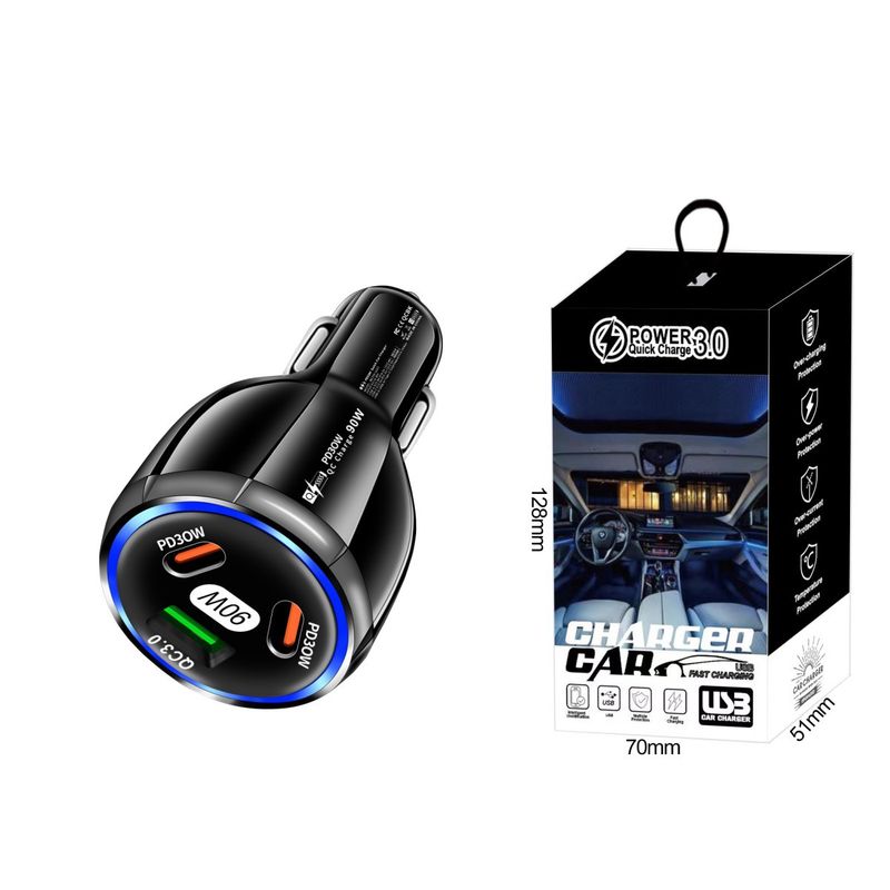 Müzik Festivali Üçlü çift hatlı 90W hızlı şarj, bir ila üç 1USB + 2PD araç telefonu şarj cihazı_voghion.com