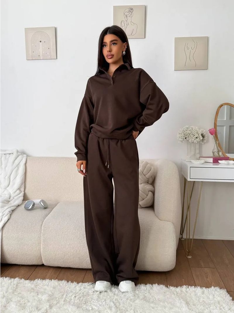 Set sportivi casual da donna, tinta unita, maniche lunghe, pullover con revers abbottonato, felpa, pantaloni con lacci, completo due pezzi_voghion.com