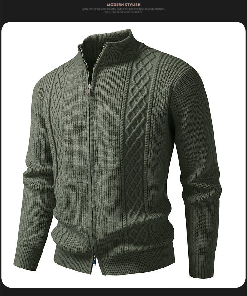 Cardigan masculino de malha jacquard com zíper duplo - pulôver de manga comprida com corte slim para uso casual e no escritório_voghion.com
