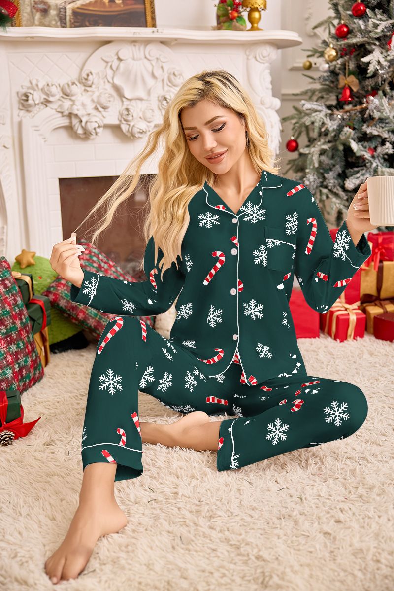 Women's Christmas Pajama Set - Holiday Plush Long Sleeve Open Front Cardigan & Pants Lounge Set With Lapel Collar - Cozy Xmas New Year Sleepwear Home_voghion.com