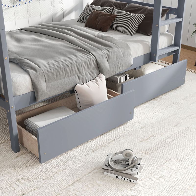 Twin Over Twin Rubber Wood Bunk Bed With 2 Drawers,Convertible Into 2 Twin Beds,Twin Size Bunk Bed With Ladder And Safety Guardrails ,Grey_voghion.com