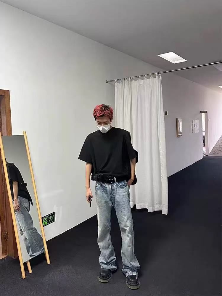 "Men's Ice Blue Flared Jeans – Lightning Wash & Subtle Distressing | Clean Fit Bootcut | Retro Revival Silhouette"_voghion.com