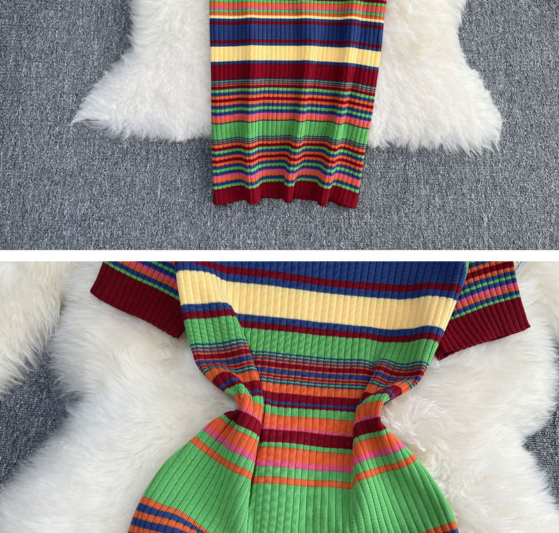 Abito estivo da donna a maniche corte in stile signorile a maniche corte con scollo rotondo a righe arcobaleno che dimagrisce il vestito che copre i fianchi lavorato a maglia di media lunghezza_voghion.com