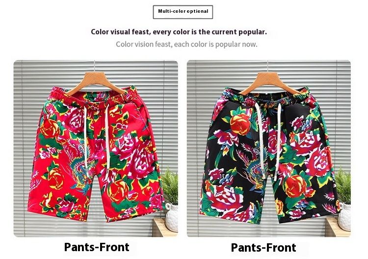 Pantaloncini sportivi da spiaggia estivi a fiore grande nord-est Pantaloni a gamba dritta a 5 punti da uomo alla moda_voghion.com