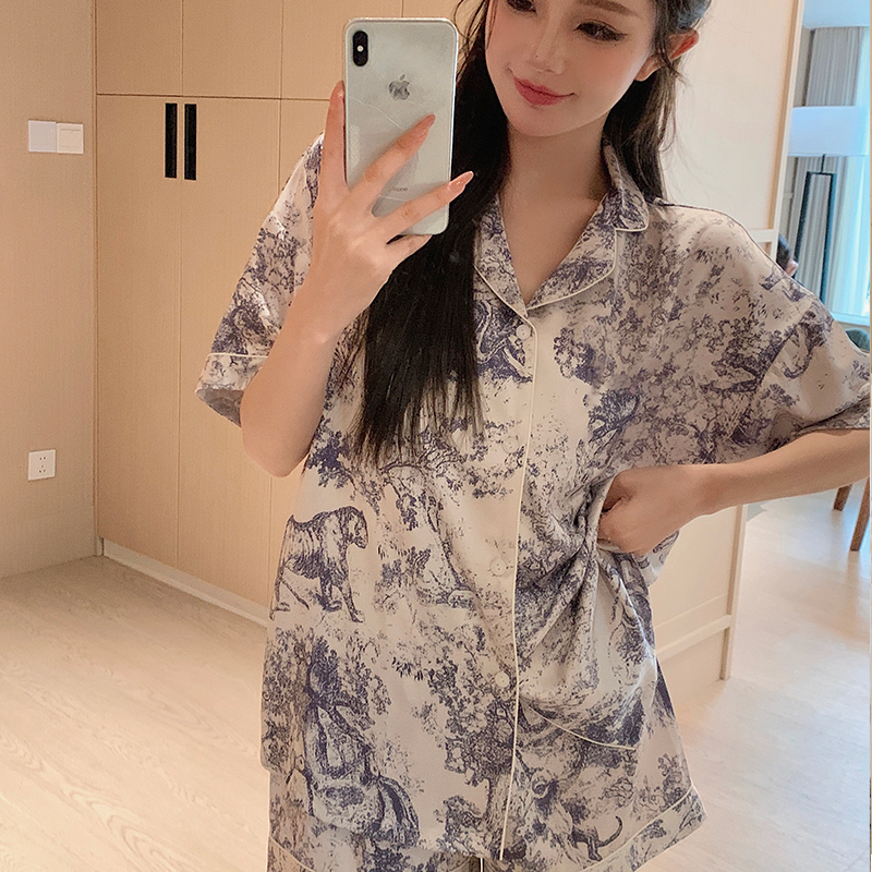 Tënt Landschaftsmolerei Kuerzärmlech Shorts Imitatioun Seid Heemkleeder Pyjama Set_voghion.com