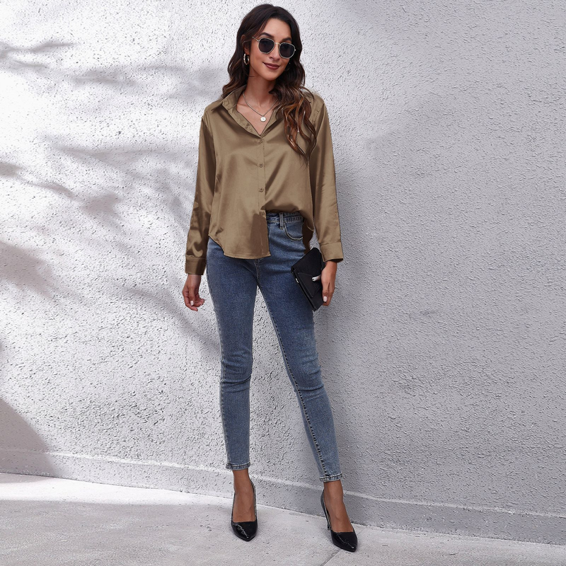 Women's clothing color D shirt satin silk imitation long sleeve shirt_voghion.com