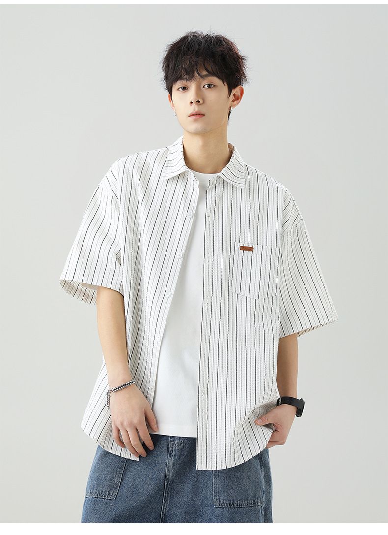 Men's Clothing Textured Slightly Wrinkled Contrasting Striped Short Sleeved Shirt Summer New Japanese Style Loose Casual Lapel Shirt Jacket Q_voghion.com