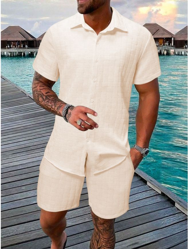 Men's Clothing Summer Jacquard Black And White Solid Color Suit Short Sleeved Men's Vacation Casual Style Shirt Shorts Two Piece Suit_voghion.com