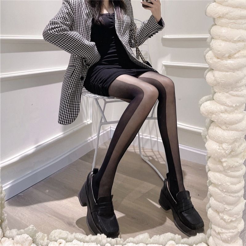 Hot Girl Side Stripe Patchwork Weibliche Internet-Berühmtheit Dünne Zhang Huimei Strumpfhosen Abnehmen Basis Strümpfe_voghion.com