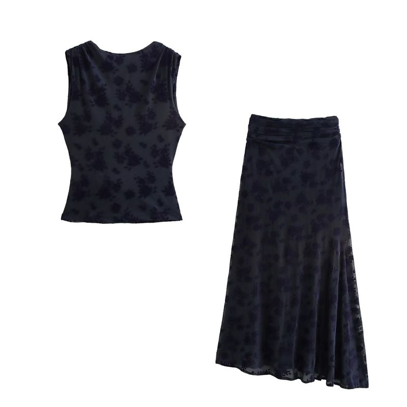 New Women's Fashion Flocked Silk Mesh Backless Top And Skirt Set30671343152530_voghion.com