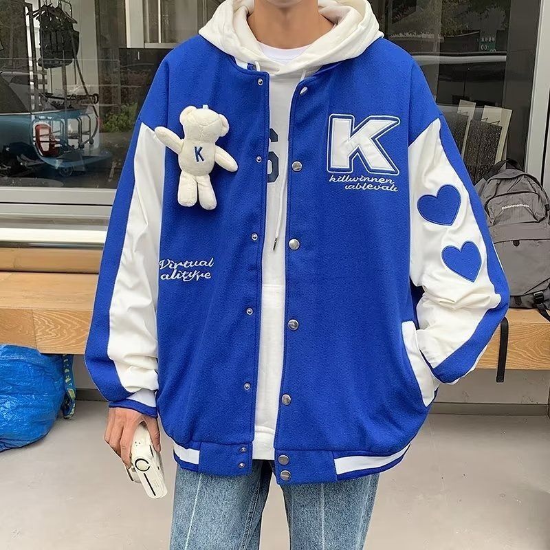 Unisex Teddybär-Baseballjacke – Blau-weißer Color-Block-College-Mantel (M-3XL) – Übergroße Streetwear für Paare für Männer und Frauen_voghion.com