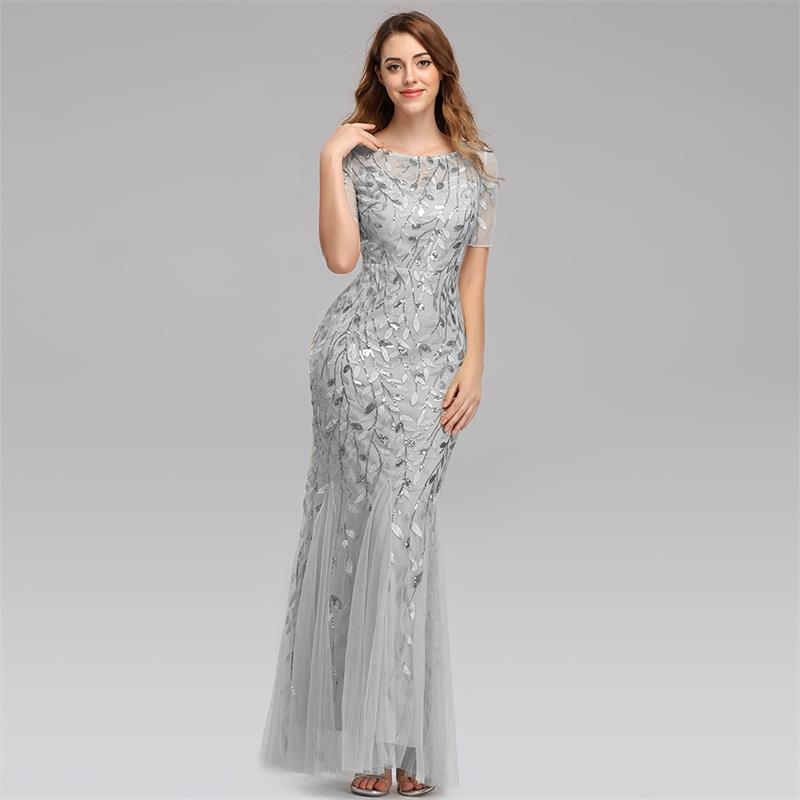 Plus Size Evening Dresses Mermaid O Neck Short Sleeve Lace Appliques Tulle Long Party Gown Robe Soiree Sexy Formal Dress Vestido_voghion.com