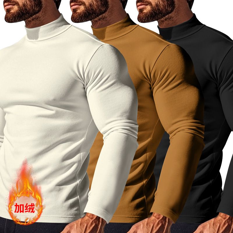 Autumn Winter Thermal Long Sleeve T-Shirt Skin-Friendly Soft Base Layer Half Turtleneck Men's Three-Piece Set_voghion.com