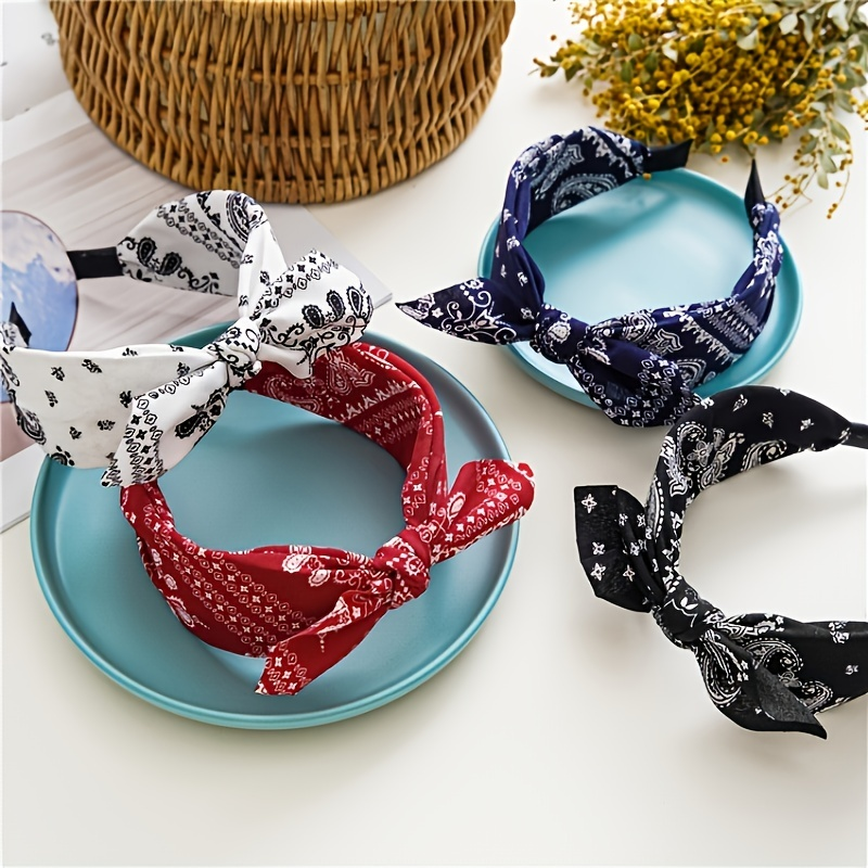 Paisley Print Boho galvos juosta Minkštos galvos juostos Vintage Bowknot elastinės plaukų juostos Plaukų aksesuarai_voghion.com