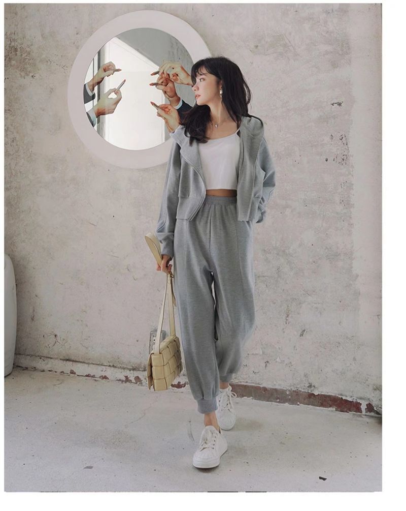 Gray Hooded Sweatshirt Two-Piece Set For Women 2025 Spring And Autumn New Casual Lazy Style High-End Youthful Sports_voghion.com