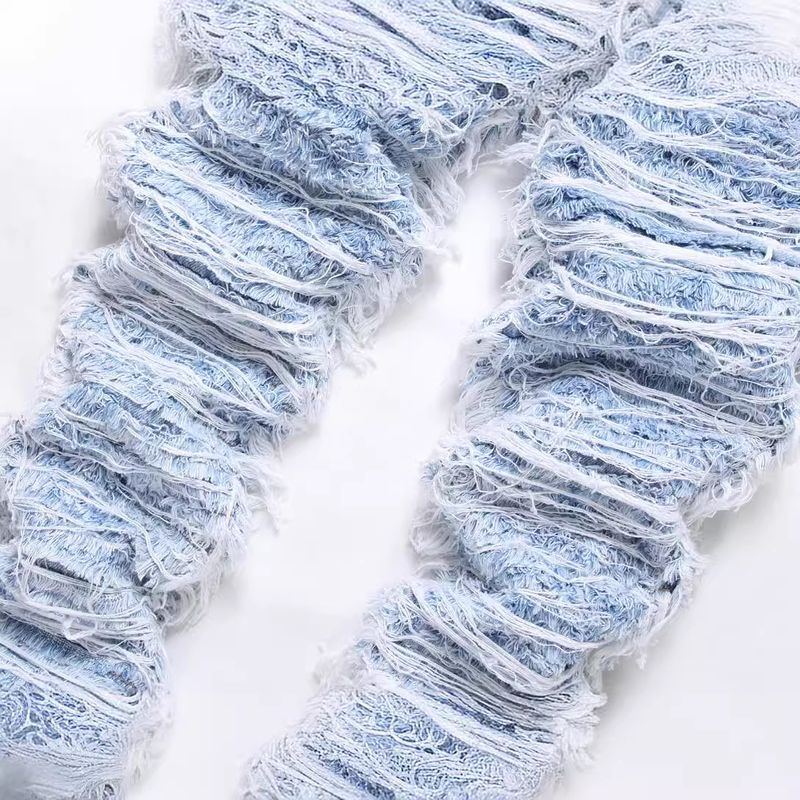 Connector Trendy Heavy-duty Stacked Pants With Tassel Embroidery, Ripped Fringe, And Loose Hem Jeans For Men_voghion.com