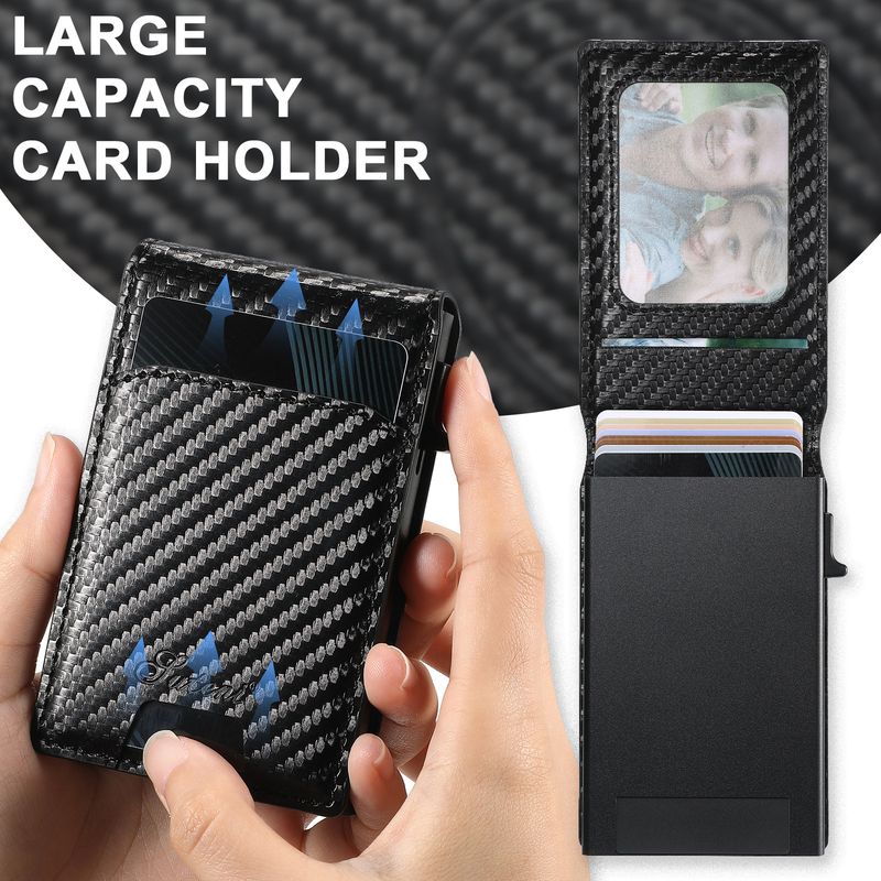 Card Cases Carbon Fiber Leather Keys Automatically Eject Card Case Card With Photo Frame Oil Wax Glossy Lychee Scrub_voghion.com