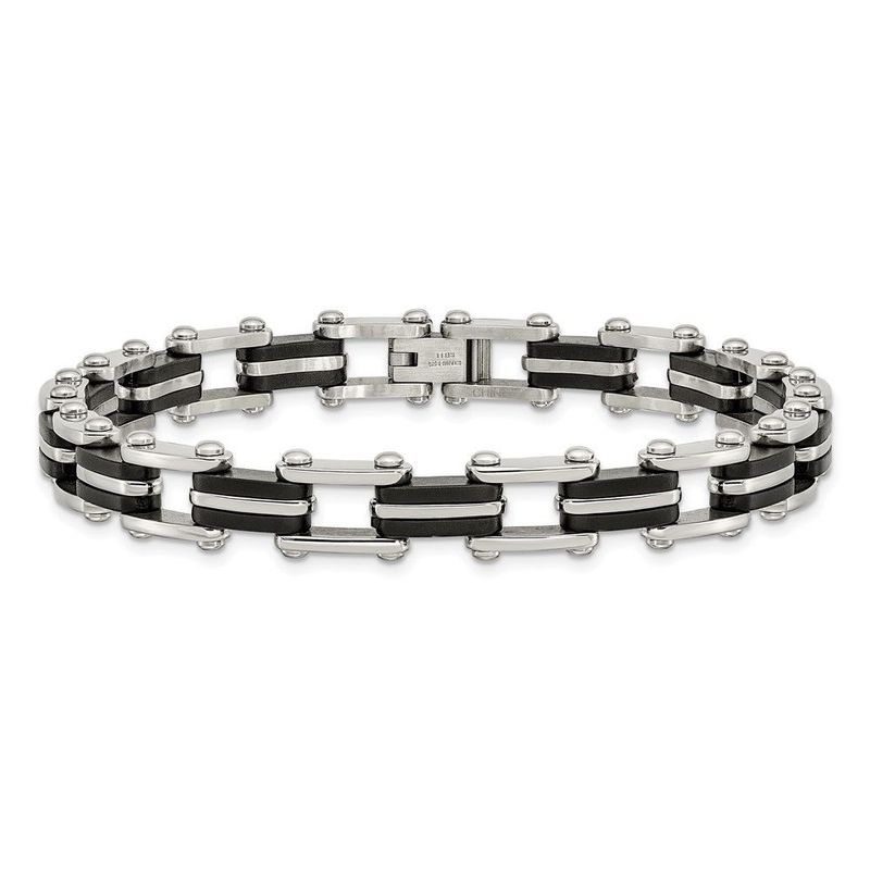 Chisel Stainless Steel Polished With Black Rubber 8.75 Inch Link Bracelet_voghion.com