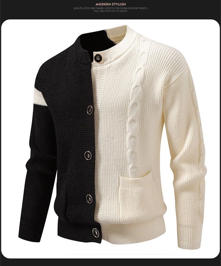 Herren-Strickpullover mit Farbblockmuster, dicke Strickjacke, lässiger Cardigan in lockerer Passform (Grau, Schwarz, Rot) – Größen M bis 3XL_voghion.com