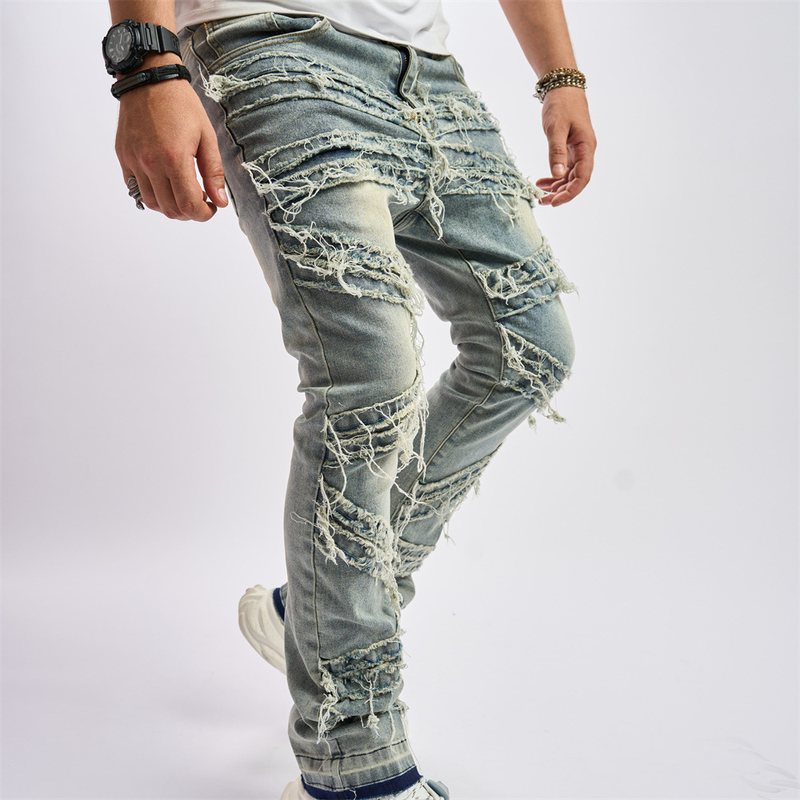 Novos jeans rasgados, tecido costurado com bigode de gato, calças largas elásticas da moda, calças casuais masculinas_voghion.com