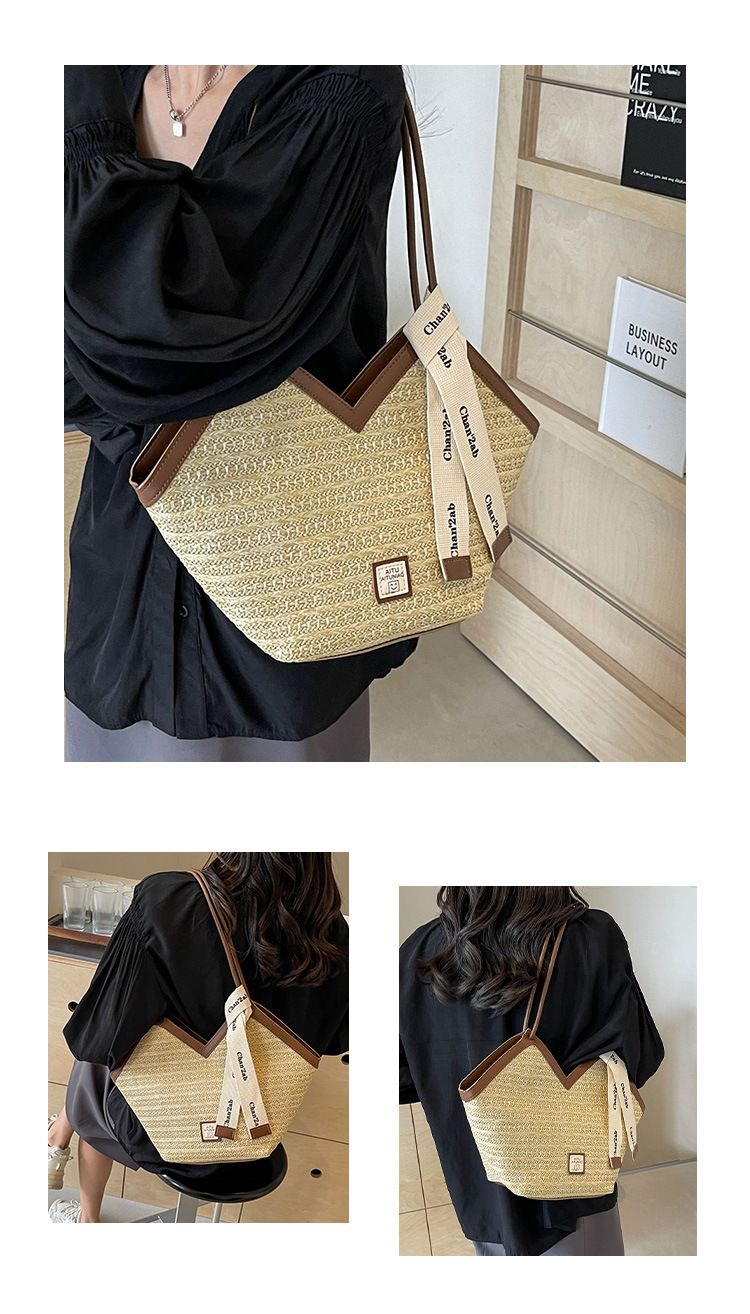 Damen-Einkaufstasche, große Kapazität, gewebte Strohtasche, große Kapazität, Umhängetasche für den Strandurlaub, Pendler-Einkaufstasche_voghion.com