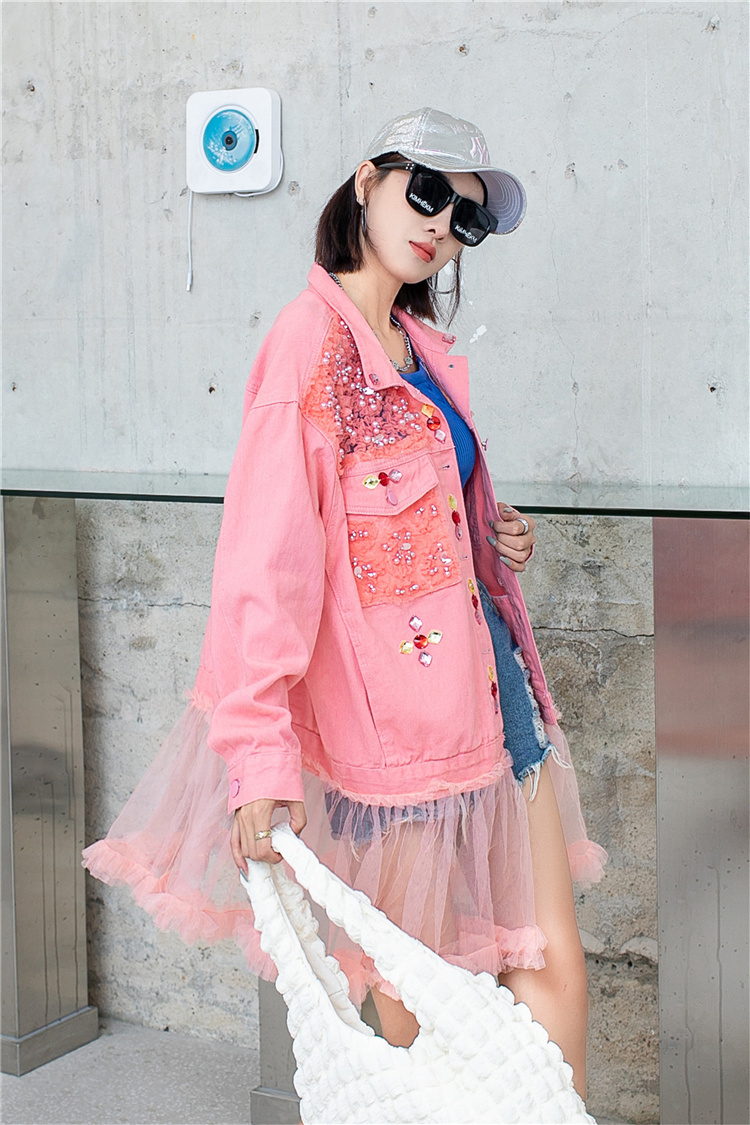 QING MO Damer Heavy Industry Paljetter Kappa Lös Mellanlängd Färg Diamanter Bead Splicing Mesh Denim Coat 2023 Höst_voghion.com