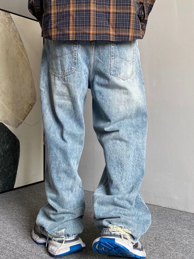 Herrenbekleidung Frühling und Sommer Lässige Retro Hellblaue zerrissene Jeans Herren Gerade Lose Trendy Tapered Pants_voghion.com