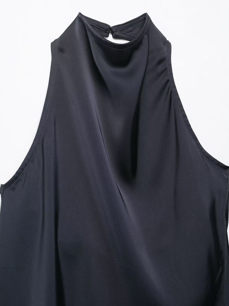 Completo due pezzi da donna in raso con scollo all'americana - Tuta streetwear alla moda con design asimmetrico - Comodo outfit estivo (bianco/nero/blu ardesia)_voghion.com
