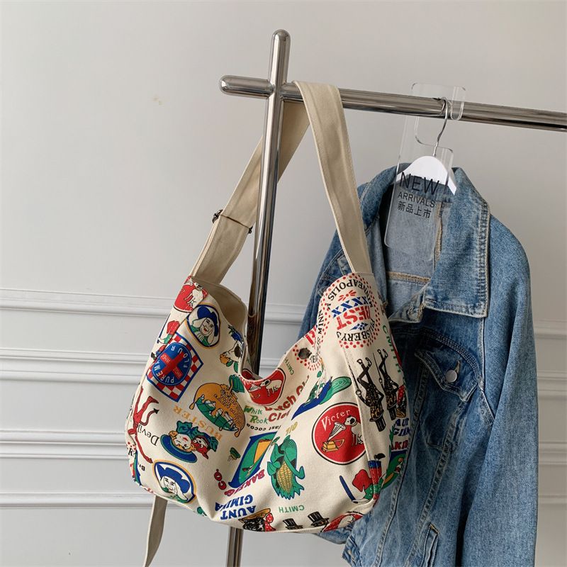 Borsa a tracolla casual in stile artistico da donna, borsa in tela stampata personalizzata, borsa tote di grande capacità per studenti universitari_voghion.com