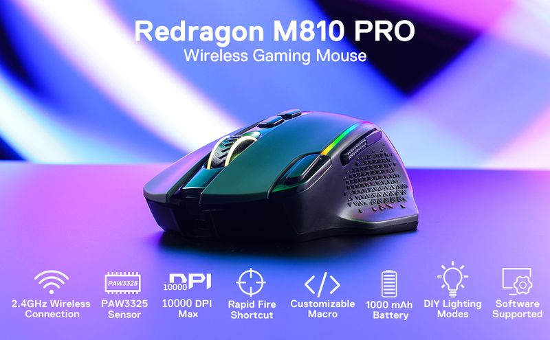 Redragon M810 Pro Wireless Gaming Mouse, 10000 DPI Wired Gamer W/ Rapid Fire Key, 8 Ro Buttons, Black/White Mouse_voghion.com