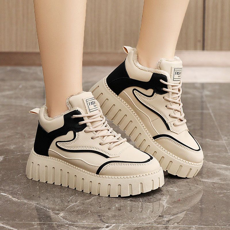 Yb9023 New New Autumn Winter High-Top Platform Women's With Fleece Thick-Soled Cotton Shoes Student Simple_voghion.com