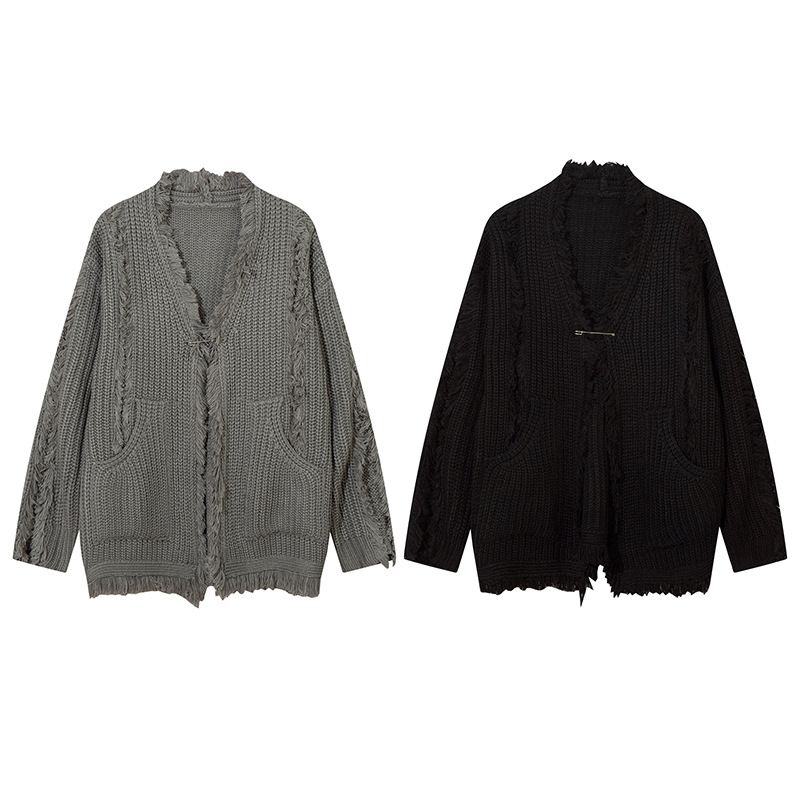 Street Style Tassel Fringe Design Knitted Cardigan For Men Women, Loose And Casual Loose-Fit Sweater_voghion.com