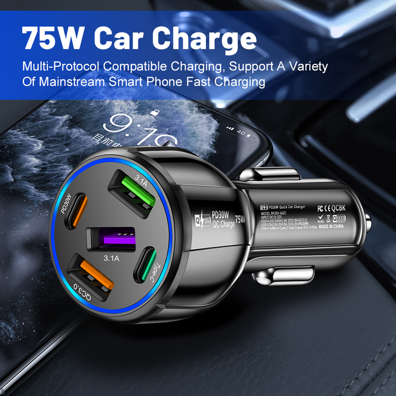 PD 75W 5 portos USB autós töltő gyorstöltő autós C-típusú telefon adapter alkalmas iPhone 14, 13, 12 Xiaomi, Huawei,_voghion.com