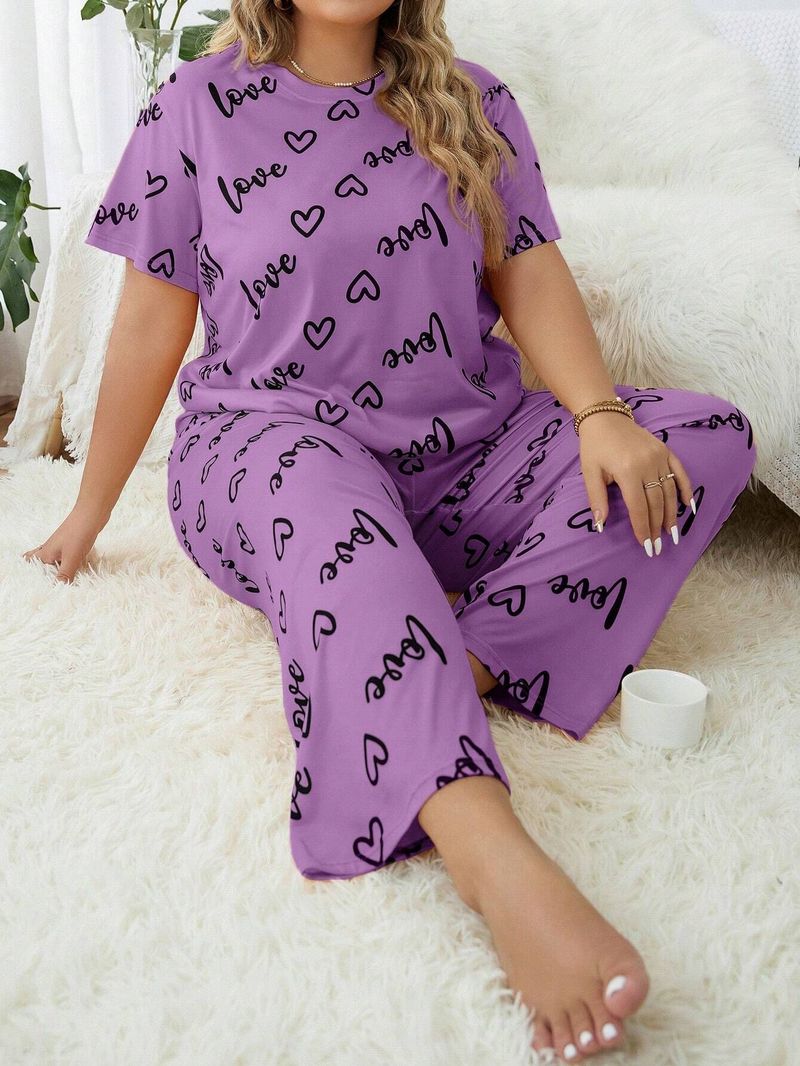 Women's Sleepwears Large Size Home Clothes Plus Size Plus Size Love Round Neck Short Sleeved Trousers_voghion.com