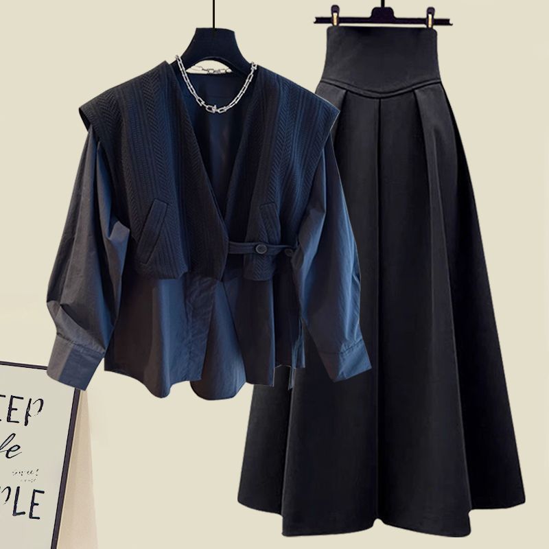 Women's Spring Layered Outfit Set - Slimming Mock Two-Piece Top & Midi Skirt Coordinated Ensemble (Black/Khaki Options)_voghion.com