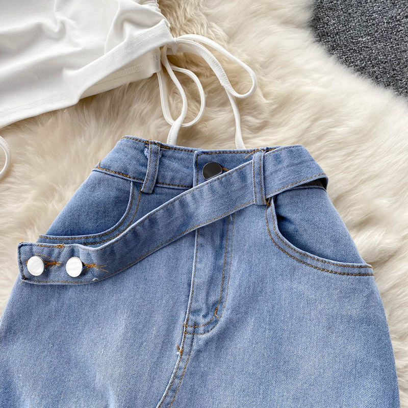 Women's Drawstring Lace-up Slouchy Vest Irregular Raw Edge Split Denim Half-body Skirt Two Piece Set_voghion.com