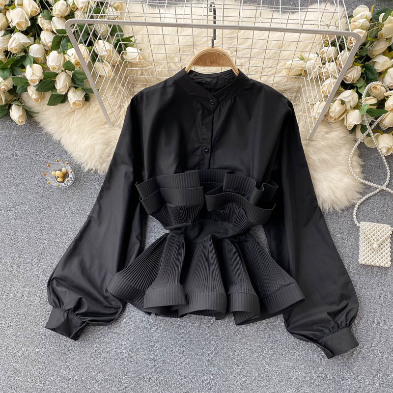 Abbigliamento Donna Camicie a maniche lunghe per donna con un design di nicchia, volant plissettati tridimensionali, vita sottile e versatili top primaverili per donna_voghion.com
